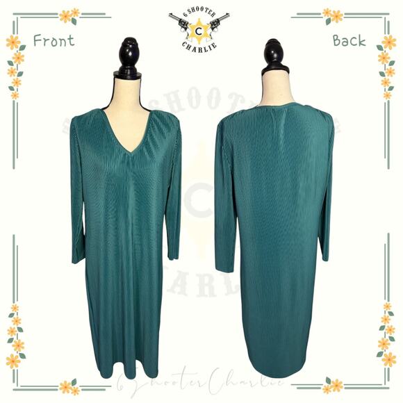 Vintage Perceptions Pleated V Neck Long Sleeve Shift Dress Women's Size XL Green - Picture 1 of 7
